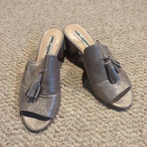 Karl Lagerfeld Paris Hettie Slide Heels 6M Silver Tasseled Formal Party